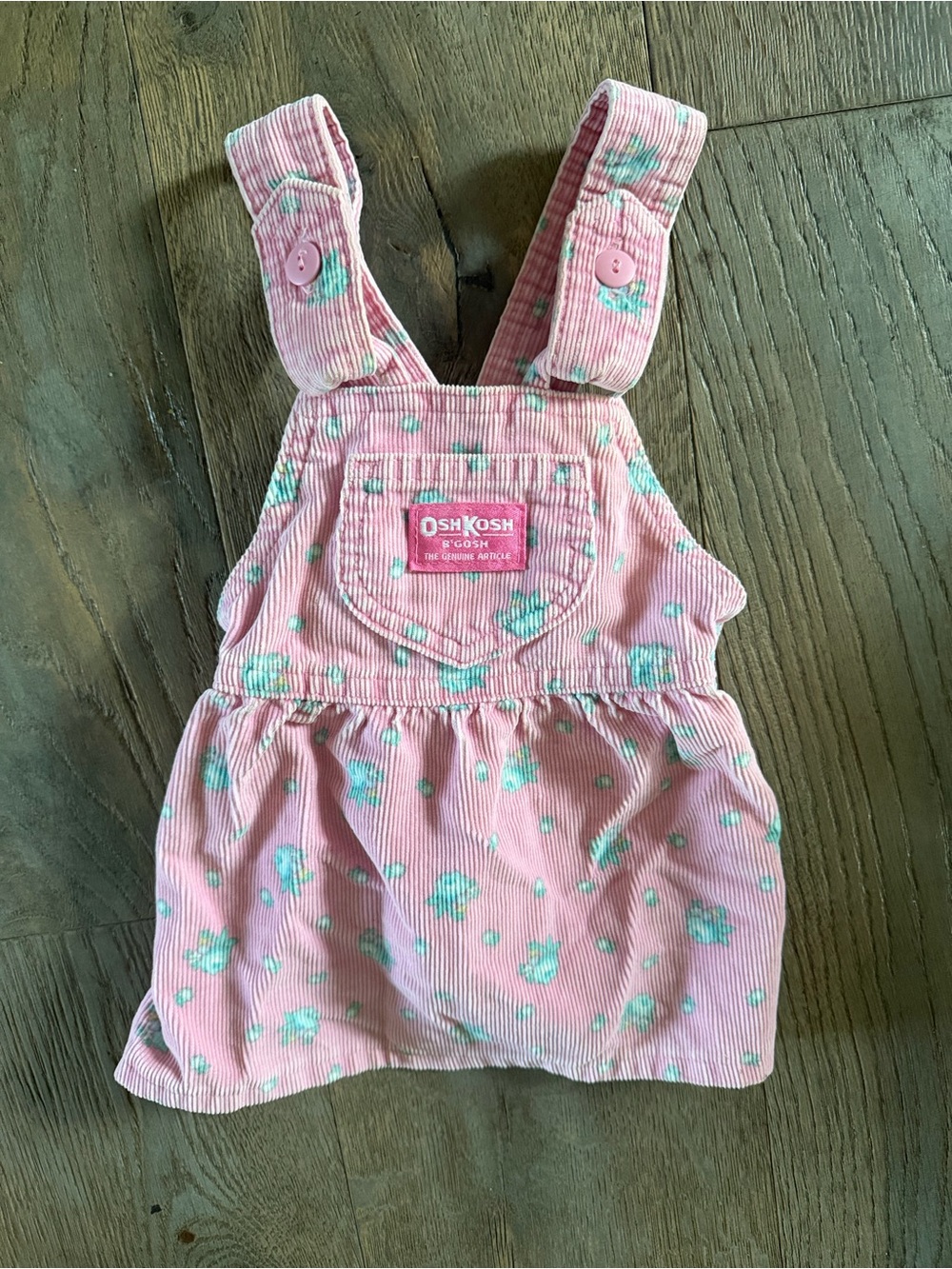 Vintage OshKosh B'gosh Pink Corduroy Floral Overall Dress with Mint Accents